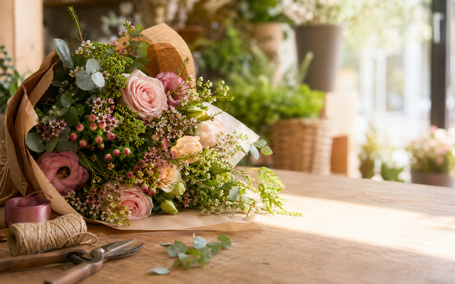 Blumenstrauss und Floristikmaterial auf einem Arbeitstisch