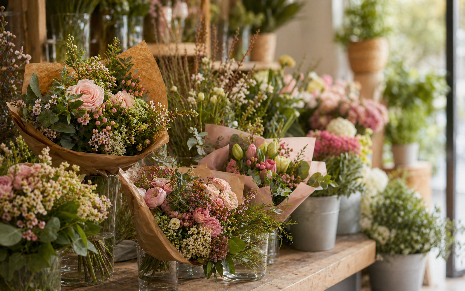 Frische Blumenstraeusse in einem floralen Laden