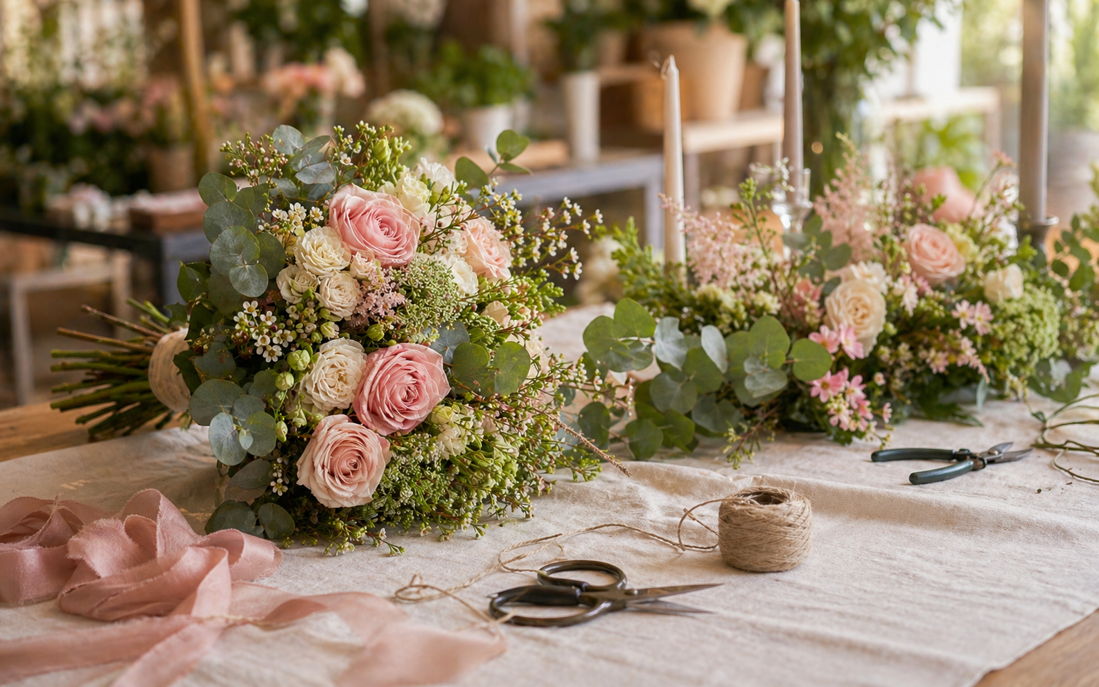 Hochzeitsstrauss und florale Tischdekoration